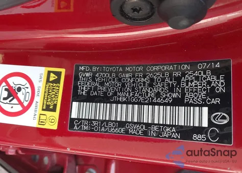 2014 Lexus Es 350 z USA, uszkodzony, nr VIN JTHBK1GG7E2144649